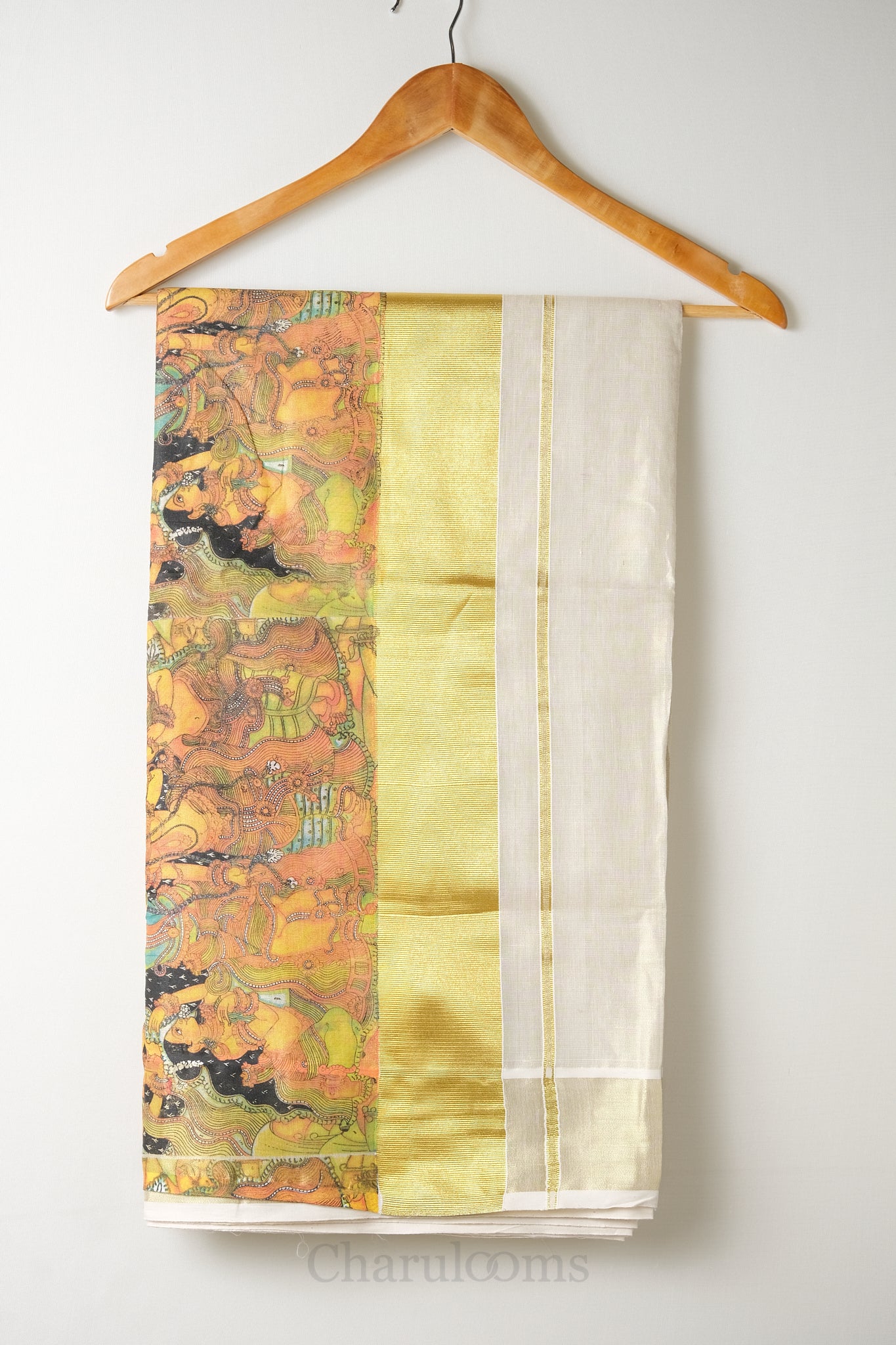 Mural Print Golden Kasav Tissue Set Saree – Traditional Art Heritage Edition