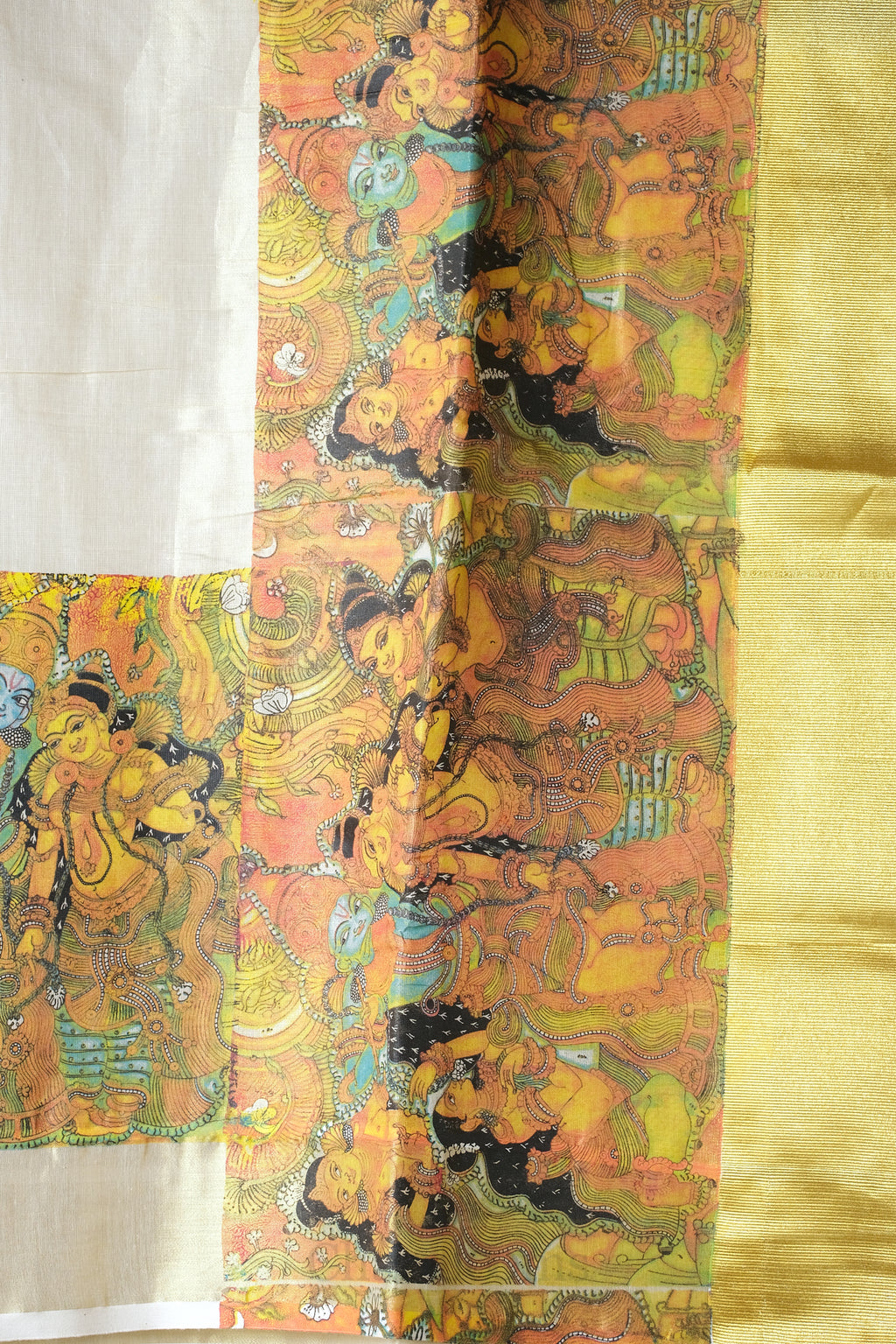Mural Print Golden Kasav Tissue Set Saree – Traditional Art Heritage Edition