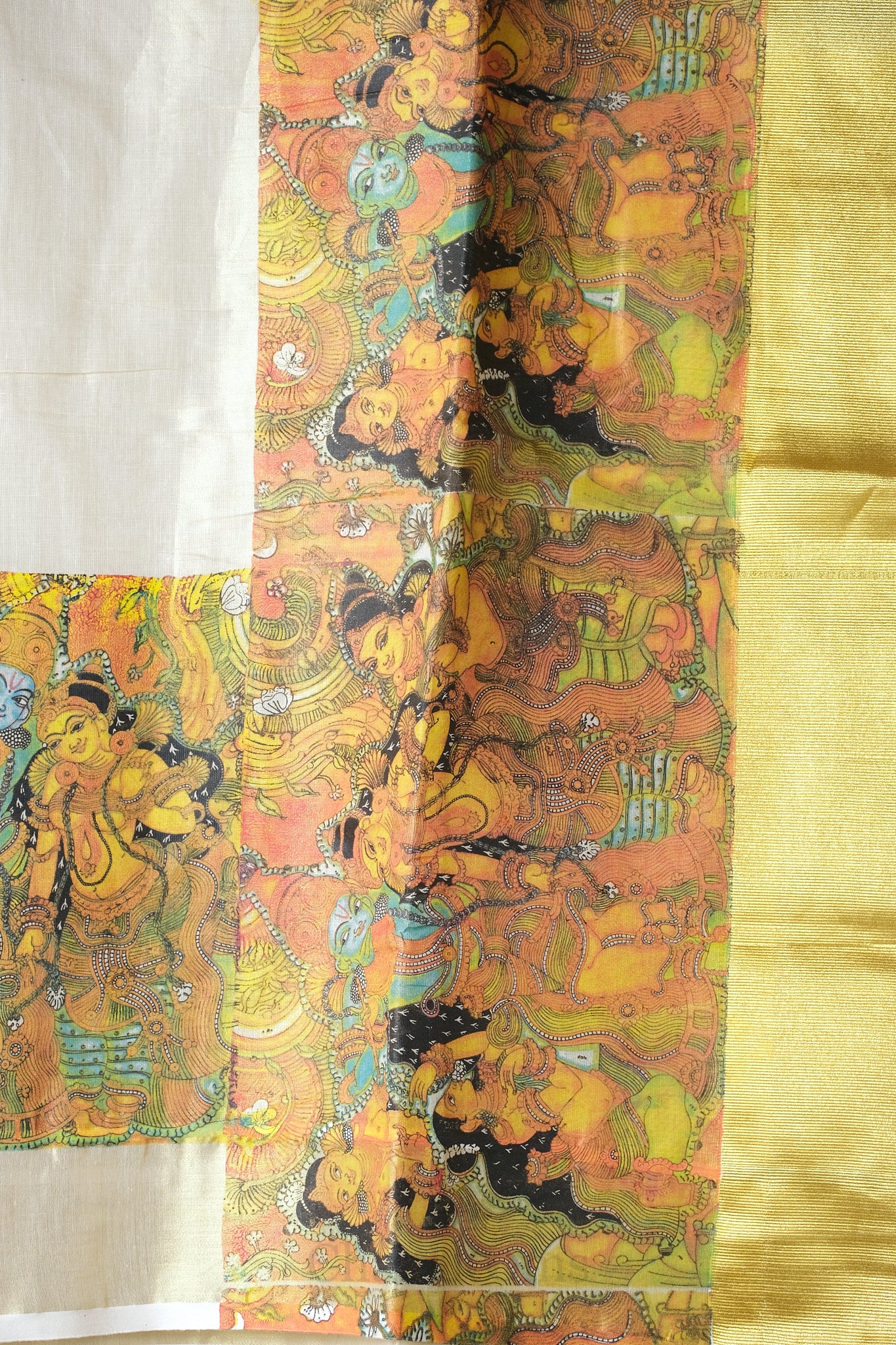 Mural Print Golden Kasav Tissue Set Saree – Traditional Art Heritage Edition