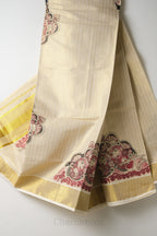 Golden Stripes with Krishna Print Tissue Set Saree – Traditional Mural Print Saree