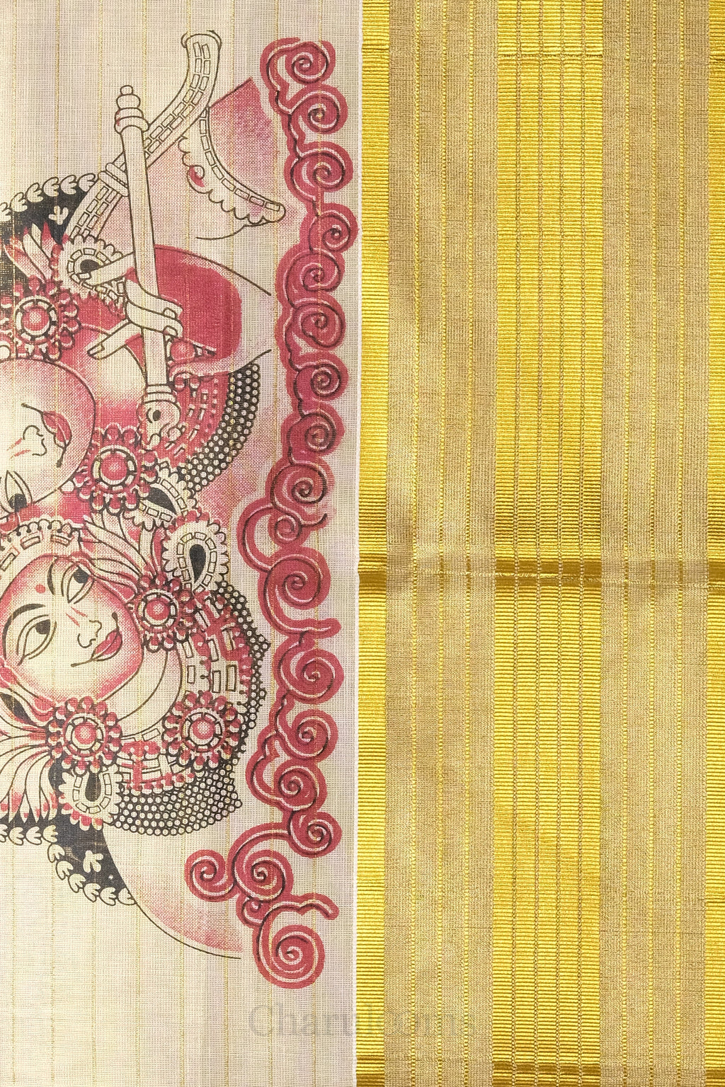 Golden Stripes with Krishna Print Tissue Set Saree – Traditional Mural Print Saree