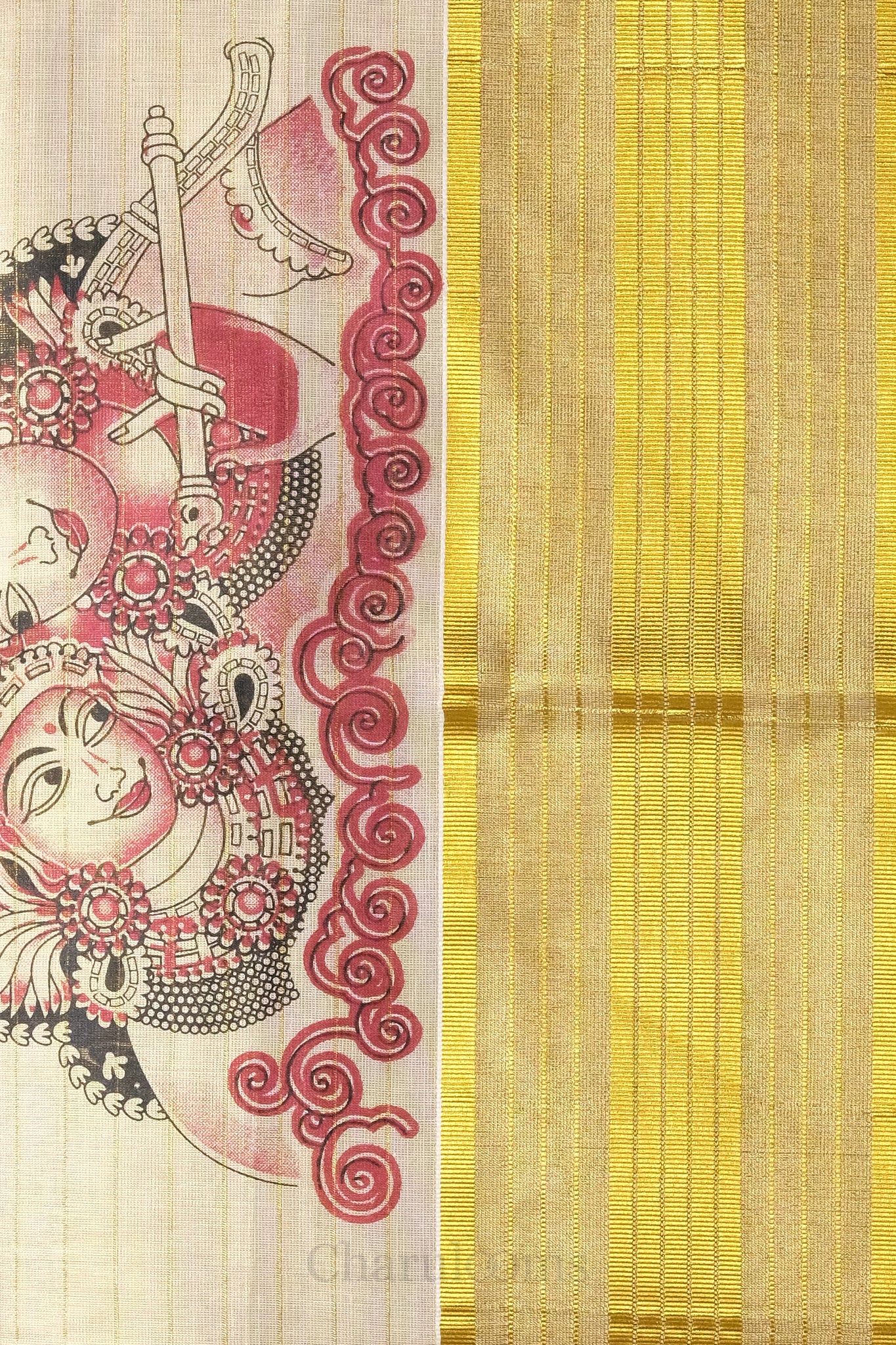 Golden Stripes with Krishna Print Tissue Set Saree – Traditional Mural Print Saree