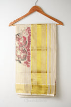 Golden Stripes with Krishna Print Tissue Set Saree – Traditional Mural Print Saree