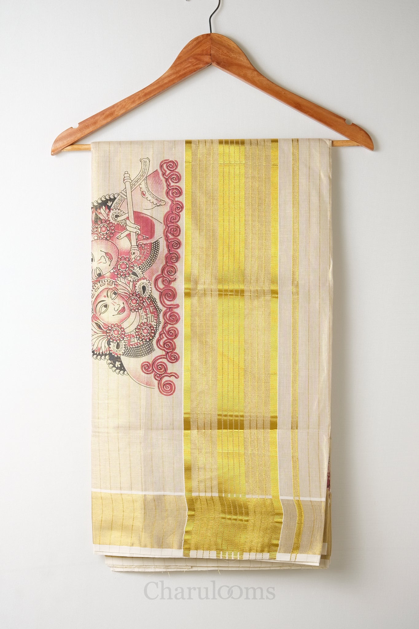 Golden Stripes with Krishna Print Tissue Set Saree – Traditional Mural Print Saree