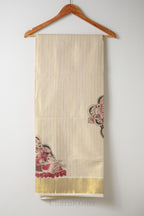 Golden Stripes with Krishna Print Tissue Set Saree – Traditional Mural Print Saree