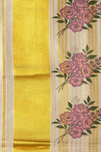 Golden Stripes with Flower Print Tissue Set Saree – Premium Floral Kasavu Saree