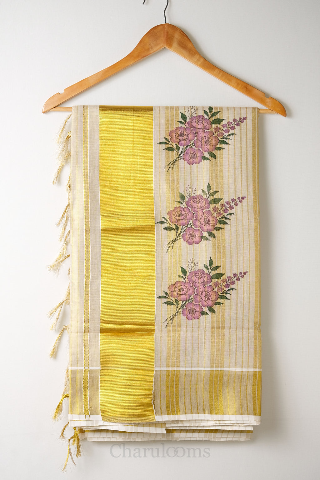 Golden Stripes with Flower Print Tissue Set Saree – Premium Floral Kasavu Saree