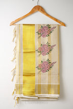 Golden Stripes with Flower Print Tissue Set Saree – Premium Floral Kasavu Saree