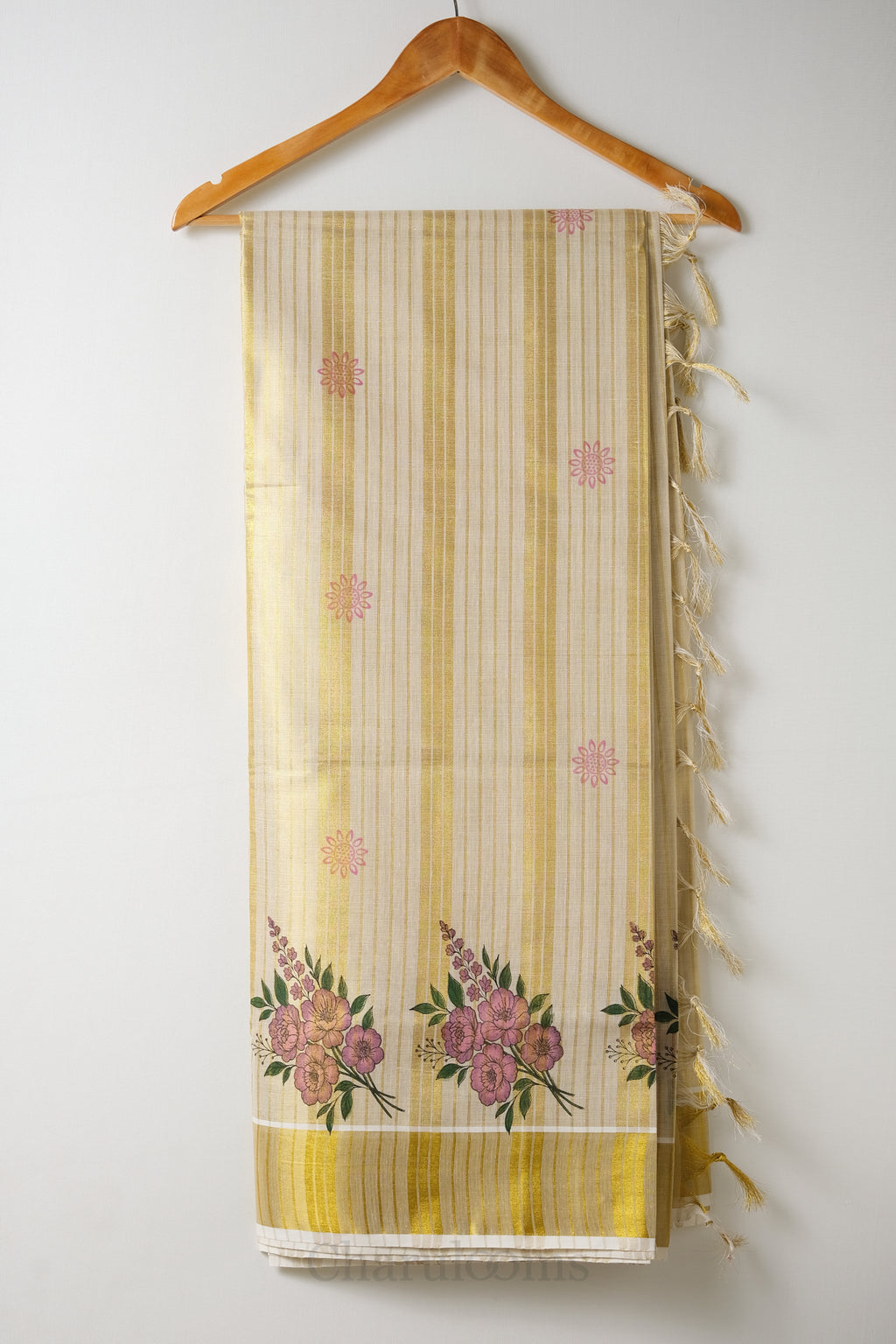 Golden Stripes with Flower Print Tissue Set Saree – Premium Floral Kasavu Saree