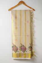Golden Stripes with Flower Print Tissue Set Saree – Premium Floral Kasavu Saree