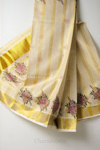 Golden Stripes with Flower Print Tissue Set Saree – Premium Floral Kasavu Saree