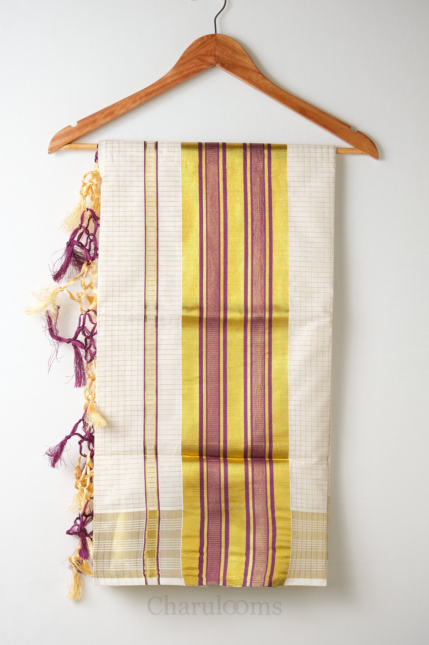 Micro Checks Purple & Gold Cotton Set Saree – Premium Cotton-Blend Dhoti Saree
