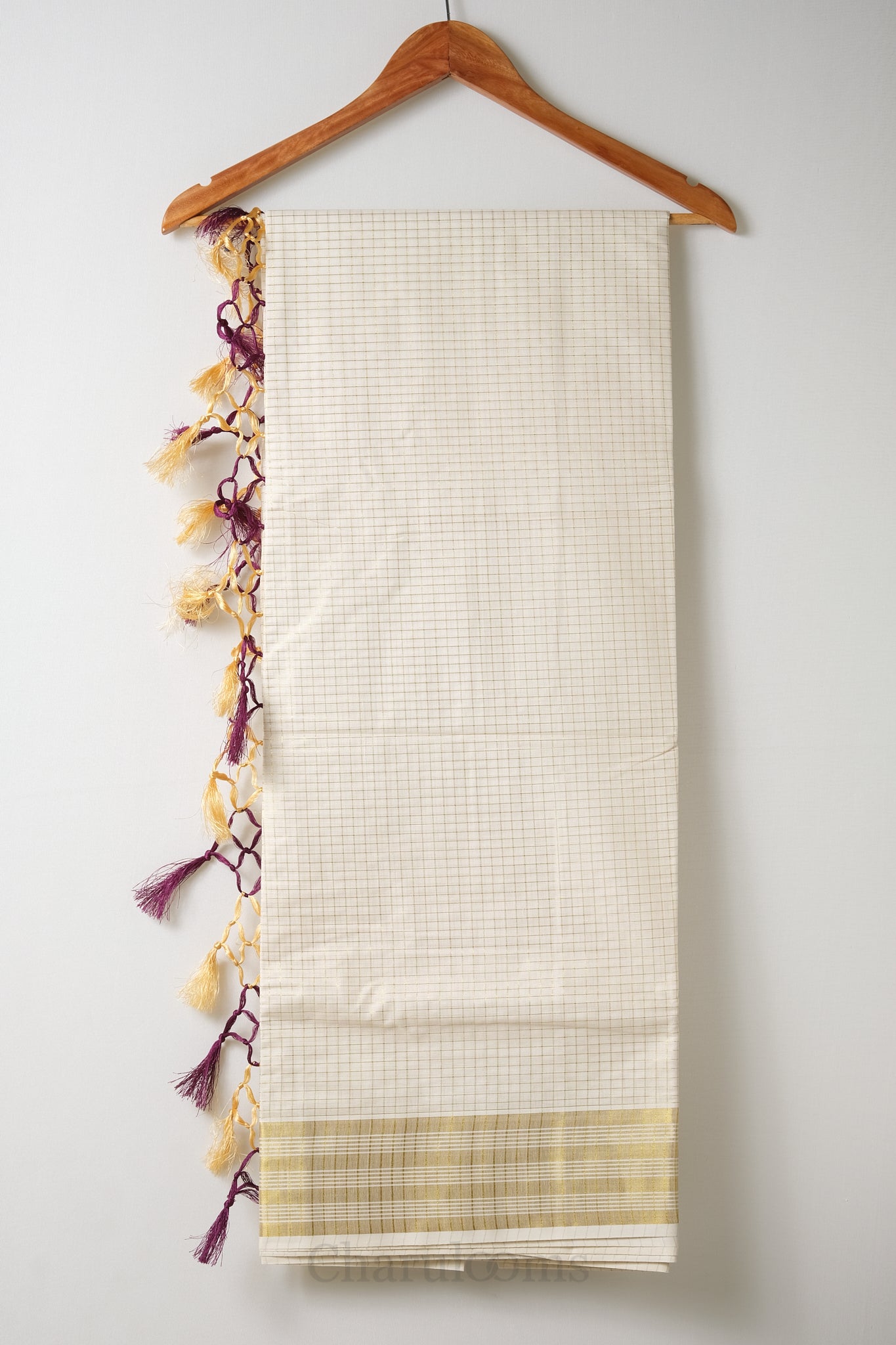 Micro Checks Purple & Gold Cotton Set Saree – Premium Cotton-Blend Dhoti Saree